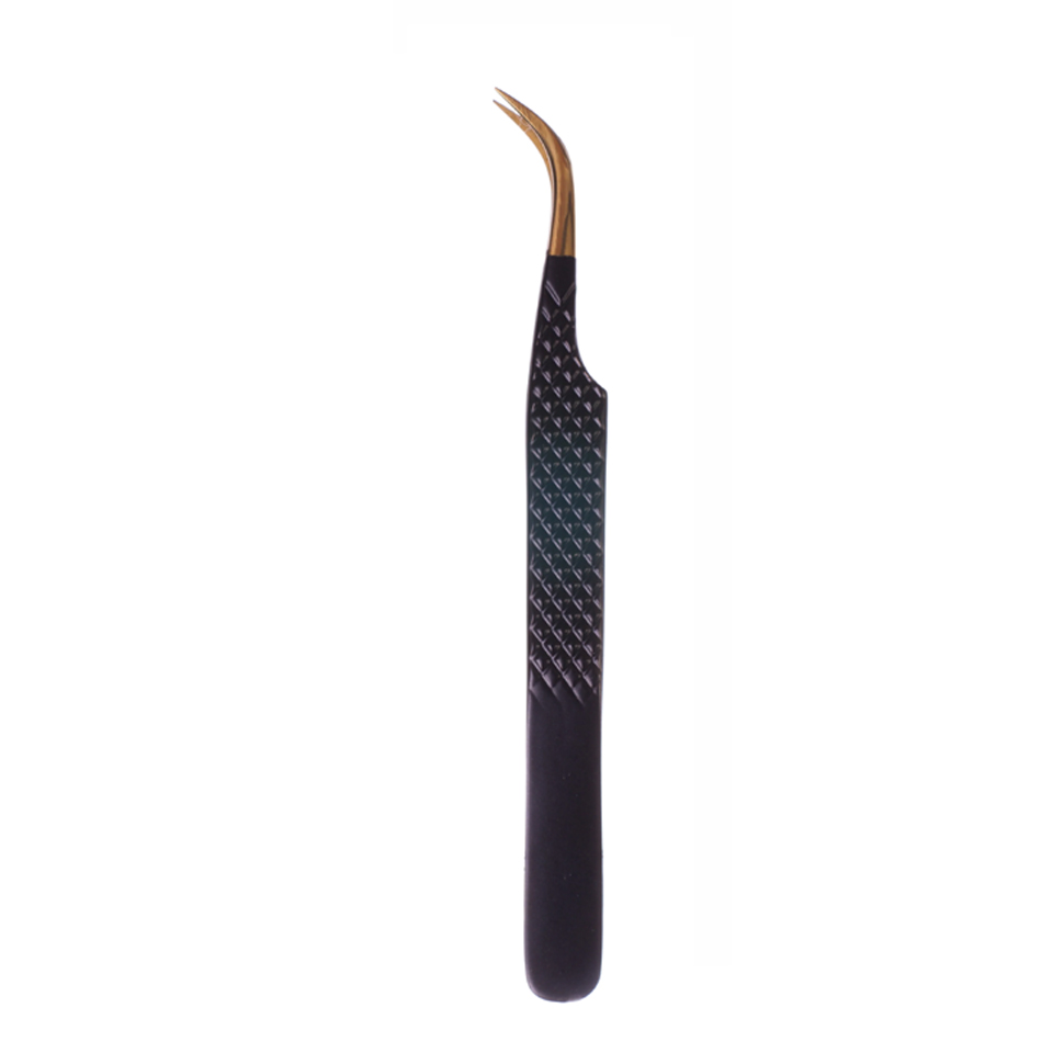 12-13.jpg Curved Lash Tweezer Ergonomic Design Black Body Golden Tip